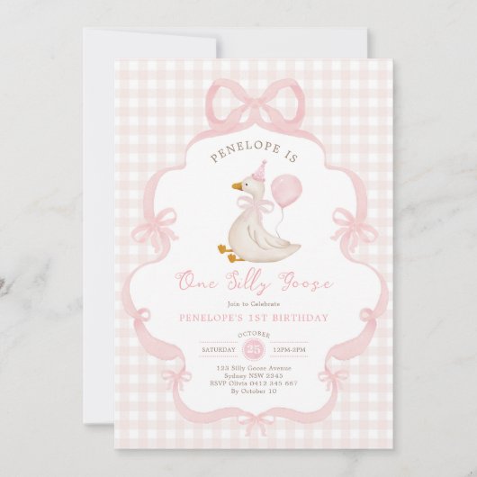 Coquette One Gekke Gans Roze Strik 1e Verjaardag Kaart (Voorkant)