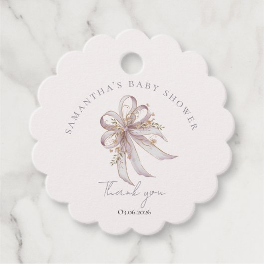 Coquette paarse strik baby shower bedankjes labels (Voorkant)
