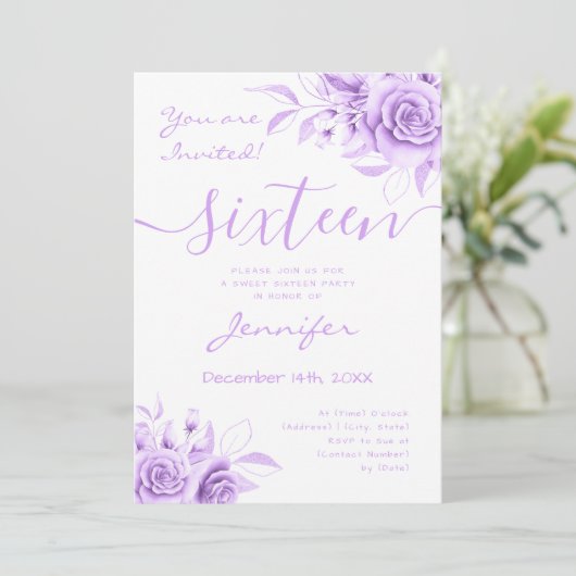Coquette Paarse Sweet 16 Floral Glam Kaart (Staand voorkant)
