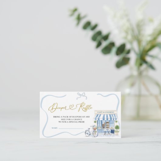 Coquette Parijse cafe Franse Blauwe Luier Raffle E Informatiekaartje (Staand voorkant)