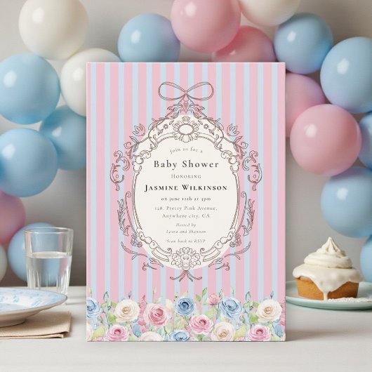 coquette pastel Rose Baby Shower with qr code rsvp Kaart