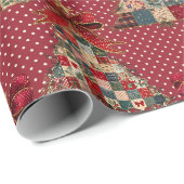 Coquette patchwork kerstbomen rode polka stippen cadeaupapier (Rol Hoek)