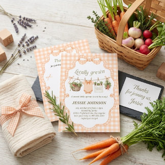 Coquette Perzik Gingham Lokale Baby Shower Kaart