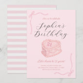 Coquette Pink Birthday Cake Invitation Kaart (Voorkant / Achterkant)
