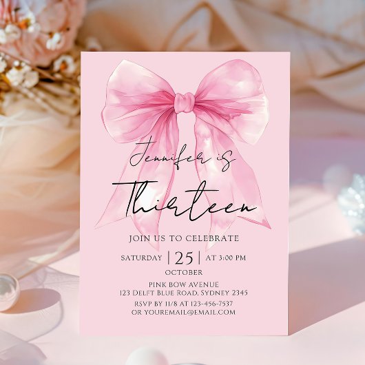 Coquette Pink Bow 13 Birthday Invitation Kaart