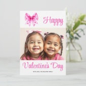 Coquette pink bow and hearts Valentine's Day photo Feestdagenkaart (Staand voorkant)