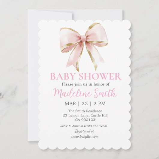 Coquette Pink Bow Baby shower Girl Invitation Kaart (Voorkant)