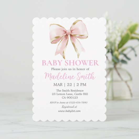 Coquette Pink Bow Baby shower Girl Invitation Kaart (Staand voorkant)