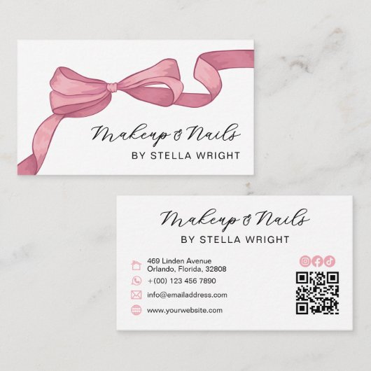 Coquette Pink Bow Beauty QR Code Visitekaartje (Voorkant / Achterkant)