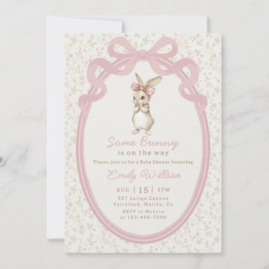 Coquette Pink Bow Bunny Baby Shower Invitation Kaart (Voorkant)