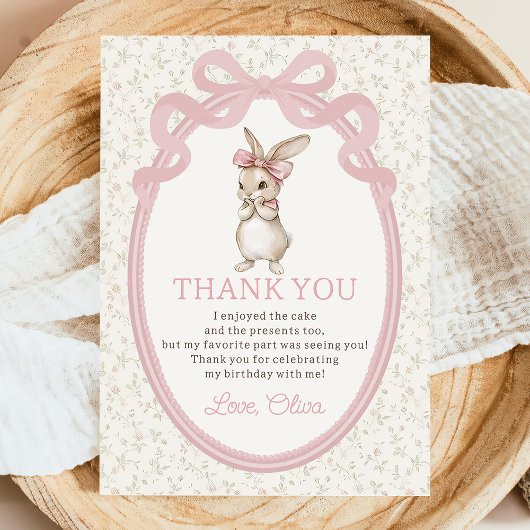 Coquette Pink Bow Bunny Birthday Thank You Card Bedankkaart