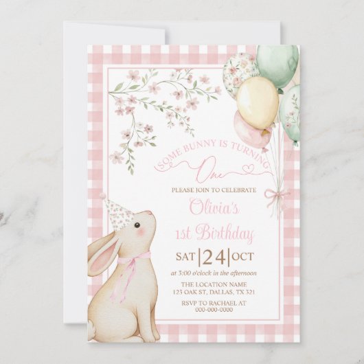 Coquette Pink Bow Bunny Rabbit Girl 1st Birthday Kaart (Voorkant)