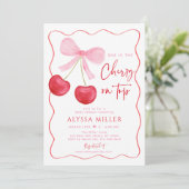 Coquette Pink Bow Cherry op Top Baby shower Kaart (Staand voorkant)