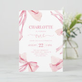 Coquette PINK BOW Eerste Verjaardag Uitnodiging (Staand voorkant)