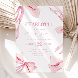 Coquette PINK BOW Eerste Verjaardag Uitnodiging