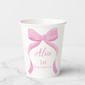 Coquette Pink Bow First Birthday Paper Cups Papieren Bekers (Achterkant)