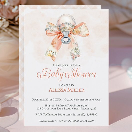 Coquette Pink Bow Gingham Girl Baby Shower Kaart