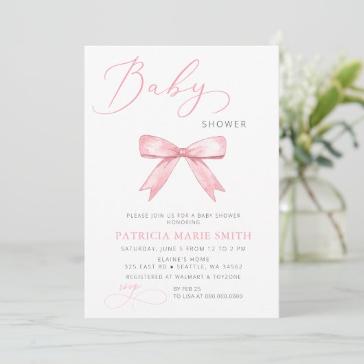 Coquette Pink Bow Girl Baby shower Kaart (Staand voorkant)