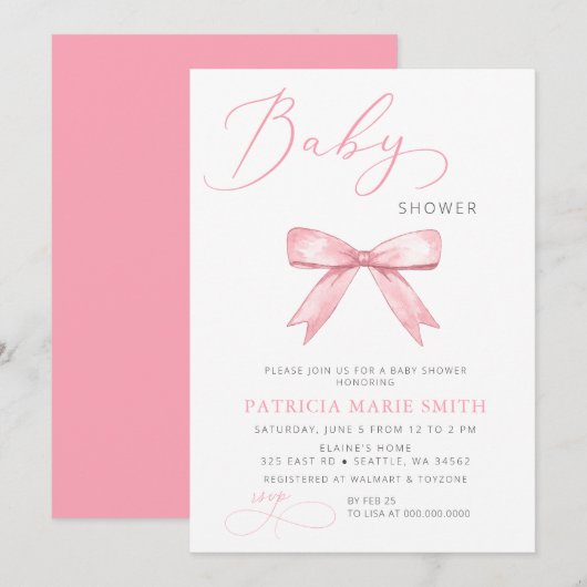 Coquette Pink Bow Girl Baby shower Kaart (Voorkant / Achterkant)