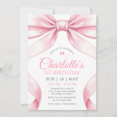  Coquette Pink Bow Girl First Birthday Invitation Kaart (Voorkant)