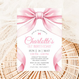  Coquette Pink Bow Girl First Birthday Invitation Kaart