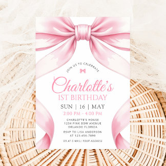  Coquette Pink Bow Girl First Birthday Invitation Kaart