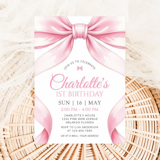  Coquette Pink Bow Girl First Birthday Invitation Kaart