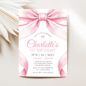  Coquette Pink Bow Girl First Birthday Invitation Kaart