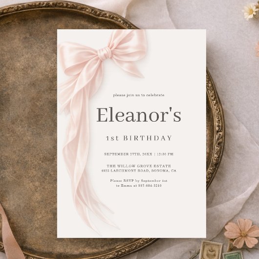 Coquette Pink Bow Girl's 1st Birthday Kaart