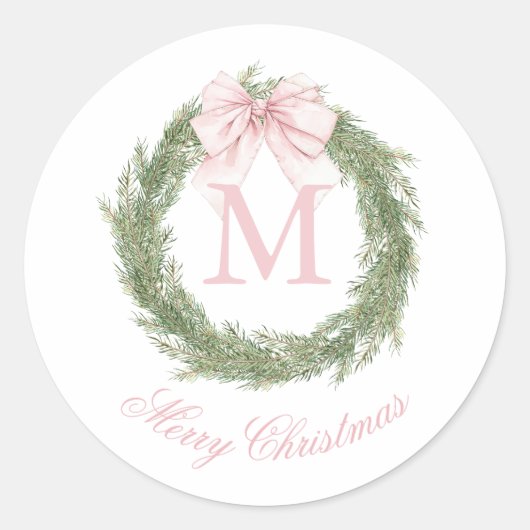 Coquette Pink Bow Monogram Wreath Christmas Ronde Sticker (Voorkant)
