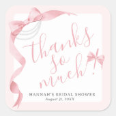 Coquette Pink Bow & Pearls Vrijgezellenfeest Favor Vierkante Sticker (Voorkant)