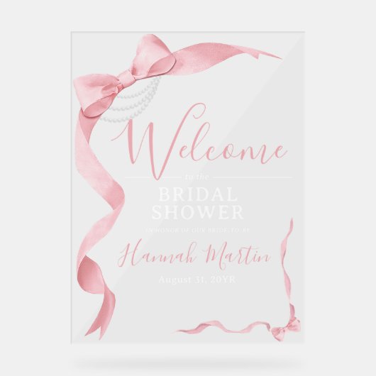 Coquette Pink Bow & Pearls Vrijgezellenfeest Welko Acryl Bord (Voorkant)