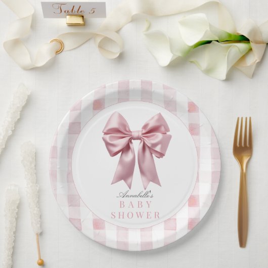 Coquette Pink Bow Ribbon Girl Baby shower Papieren Bordje (Huwelijk)