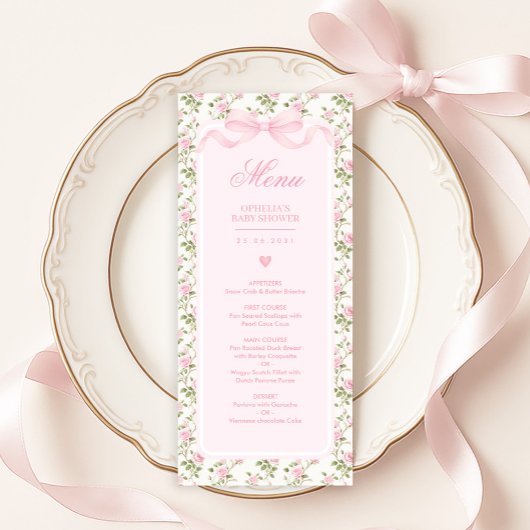 Coquette Pink Bow Roses Baby Shower Menu Kaart