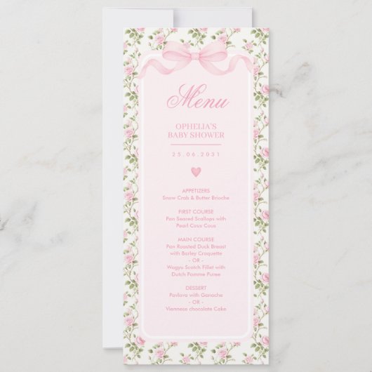 Coquette Pink Bow Roses Baby Shower Menu Kaart (Voorkant)