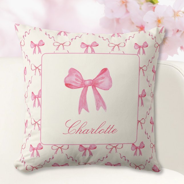 Coquette Pink Bow Sierkussen (sweet pretty girly pink coquette bow pillow with custom name in script calligraphy, gift for girl)