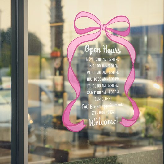 Coquette Pink Bow Small Business Open Hours Number Raamsticker