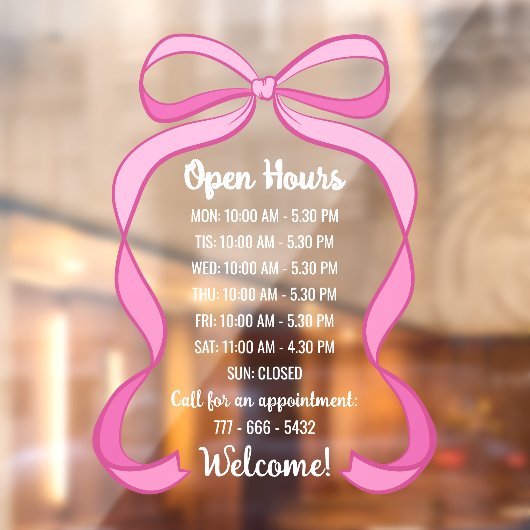 Coquette Pink Bow Small Business Open Hours Number Raamsticker (Vel 2)