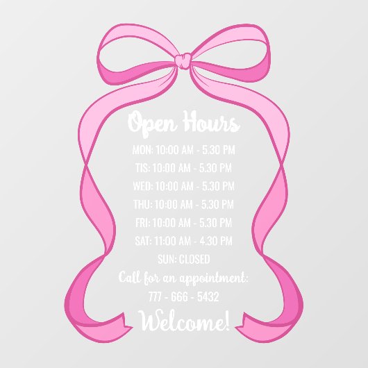 Coquette Pink Bow Small Business Open Hours Number Raamsticker (Vel)