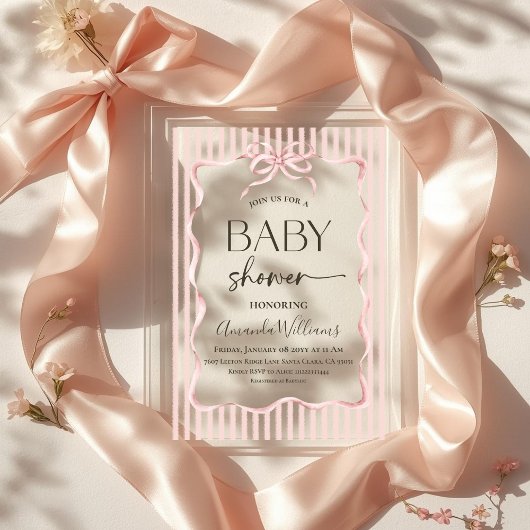 Coquette Pink Bow Stripe Girl Baby Shower Acryl Uitnodigingen