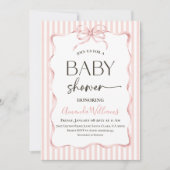 Coquette Pink Bow Stripe Girl Baby Shower Kaart (Voorkant)