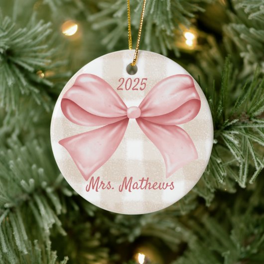 Coquette Pink Bow Teacher Custom Christmas Keramisch Ornament (Boom)