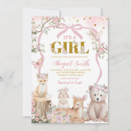 Coquette pink bow woodland animals baby shower kaart
