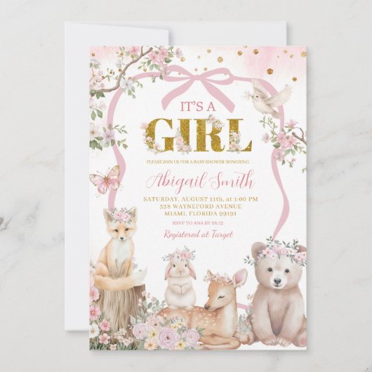 Coquette pink bow woodland animals baby shower kaart (Voorkant)