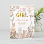 Coquette pink bow woodland animals baby shower kaart (Staand voorkant)