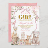 Coquette pink bow woodland animals baby shower kaart (Voorkant / Achterkant)
