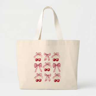 Coquette Pink Bows and Cherries Watercolor Aesthet Grote Tote Bag