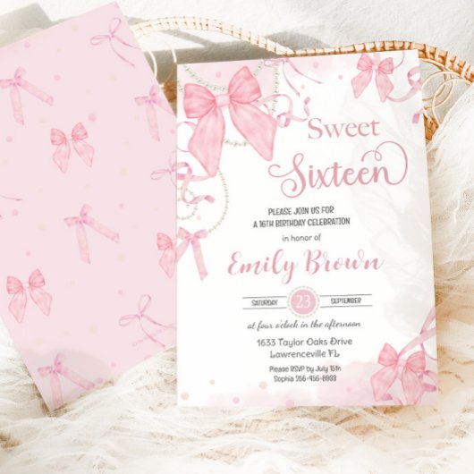 Coquette Pink Bows Parels Sweet Sixteen Birthday Kaart