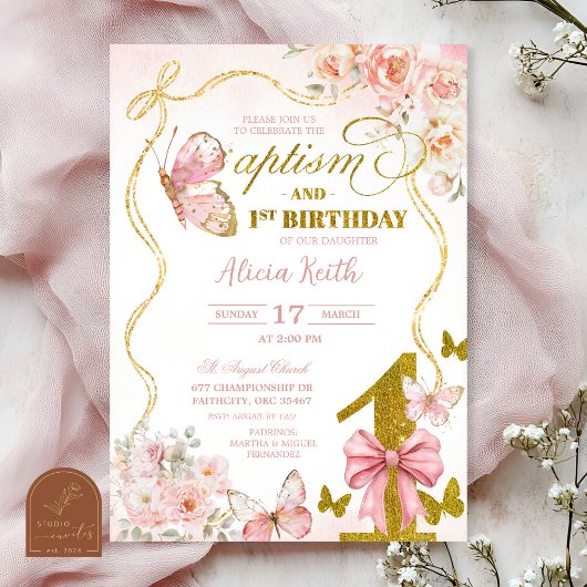 Coquette Pink Butterfly baptism and first birthday Kaart