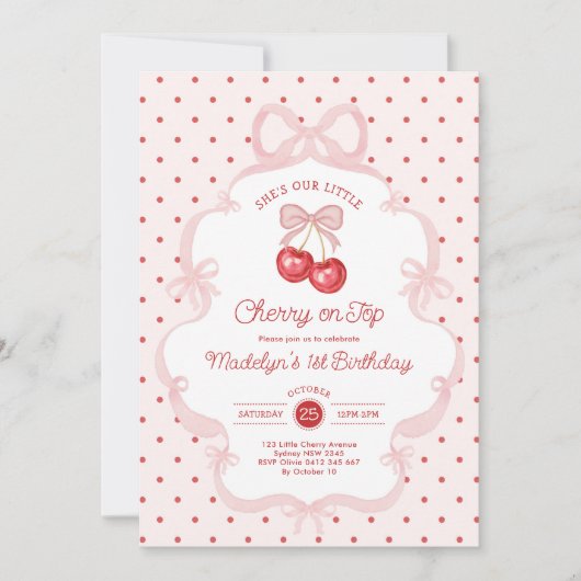 Coquette Pink Cherry On Top Girl 1st Birthday Kaart (Voorkant)